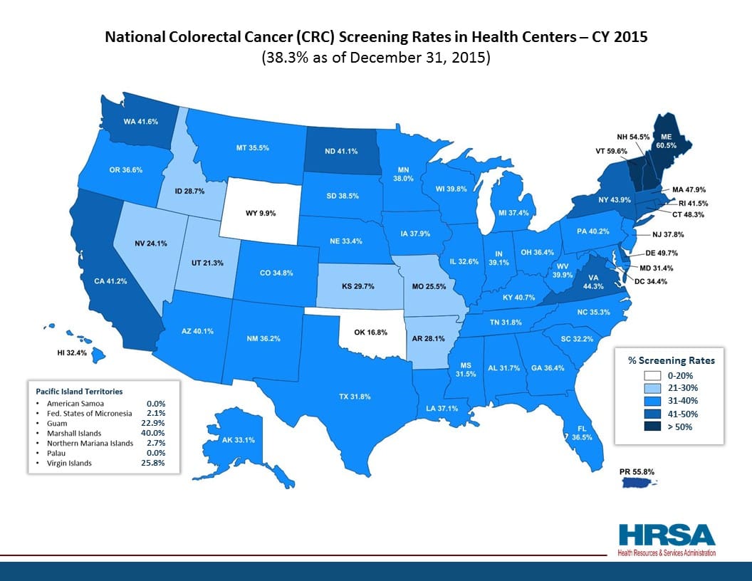 Map Resource: National Colorectal Cancer Screening Rates in Health Centers by State (2015)