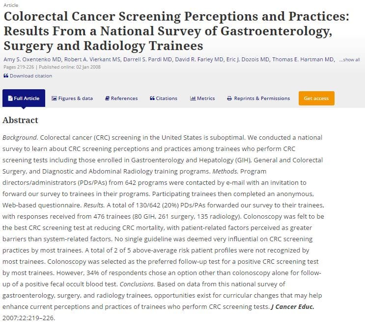 Survey On Colorectal Cancer Screening And Gastroenterology, Surgery and Radiology Trainees (2008)